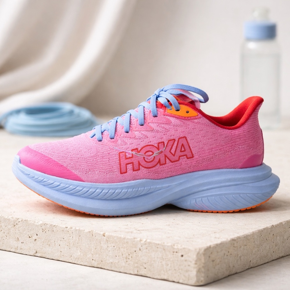 Brand New in box HOKA Mach6 Pink & Blue Running Shoe. Youth size 6.5. 🔥🔥🔥